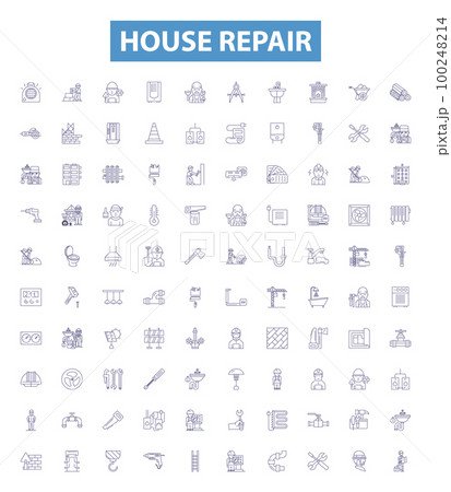 House repair line icons, signs set. Housekeeping, Plumbing, Painting, Tiling, Carpentry, Roofing, Caulking, Insulation, Sweeping outline vector illustrations. 100248214