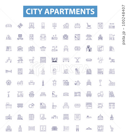 City apartments line icons, signs set. Apartments, City, Accommodation, Housing, Rent, Residence, Condo, Flats, Studio outline vector illustrations. City apartments line icons, signs set. Apartments, City, Accommodation, Housing, Rent, Residence, Condo, Flats, Studio outline vector illustrations. 100248407