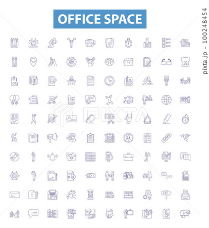 Office space line icons, signs set. Cubicle, Desk, Chair, Computer, Printer, Office, Supply, Room, Layout outline vector illustrations. 100248454