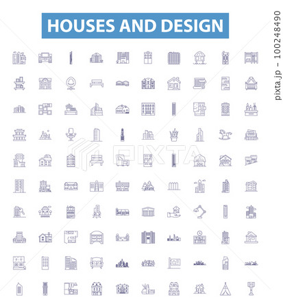 Houses and design line icons, signs set. Architecture, Structures, Interiors, Planning, Estates, Dwellings, Plans, Style, Facade outline vector illustrations. Houses and design line icons, signs set. Architecture, Structures, Interiors, Planning, Estates, Dwellings, Plans, Style, Facade outline vector illustrations. 100248490