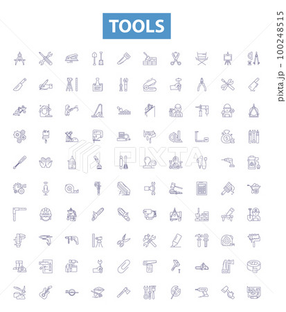 Tools line icons, signs set. Spanner, Wrench, Hammer, Pliers, Drill, Saw, Screwdriver, Ruler, Hacksaw outline vector illustrations. 100248515