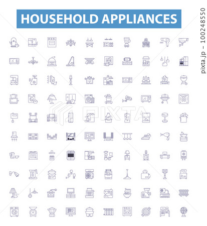 Household appliances line icons, signs set. Iron, Vacuum, Kettle, Blender, Stand mixer, Toaster, Refrigerator, Stove, Washer outline vector illustrations. 100248550