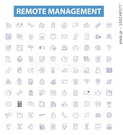 Remote management line icons, signs set. Remote, Management, Control, Access, Monitor, Administration, Audit, Automate, Secure outline vector illustrations. 100248577