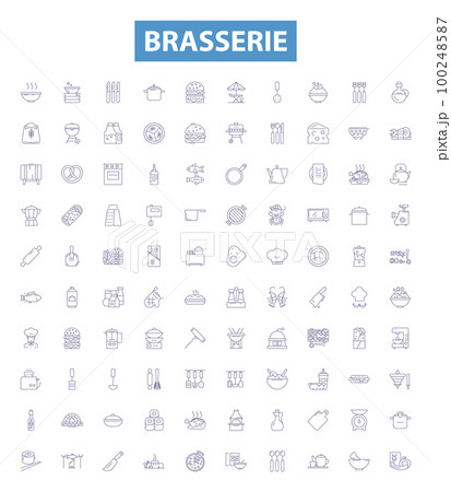 Brasserie line icons, signs set. Brewery, Bistro, Gastropub, Pub, Winebar, Ales, Lagers, Hops, Barley outline vector illustrations. 100248587