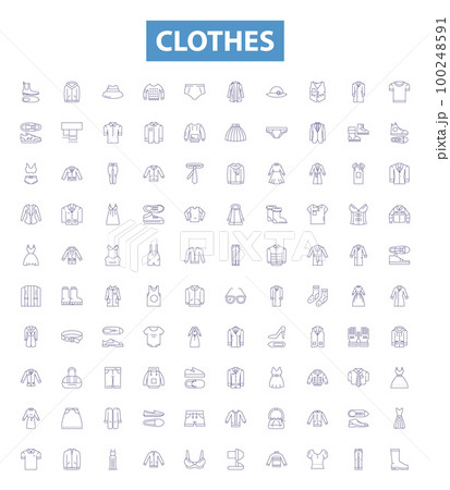 Clothes line icons, signs set. Garment, Outfit, Apparel, Clothing, Dress, Suit, Shawl, Skirt, Robe outline vector illustrations. 100248591
