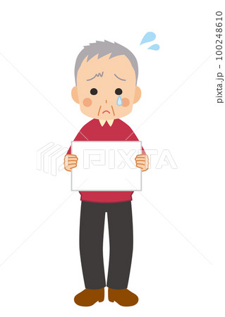 メッセージボードを持って泣いている可愛いシニア男性のイラスト　白背景　ベクター　全身　人物 100248610