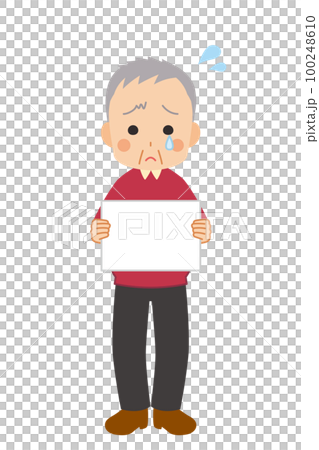 メッセージボードを持って泣いている可愛いシニア男性のイラスト　白背景　ベクター　全身　人物 100248610