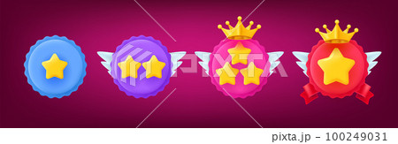 Different rank emblems with stars. Game achievement badges collection. 3d vector clipart 100249031