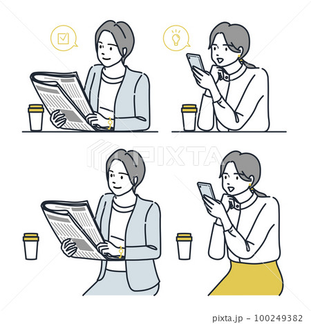 人物　新聞やスマホの電子版を読む女性/スーツ/カフェ 100249382