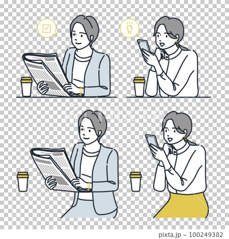 人物　新聞やスマホの電子版を読む女性/スーツ/カフェ 100249382