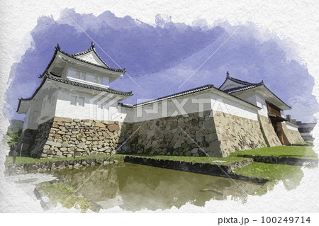 水彩画風 舞鶴公園 田辺城跡 城門と隅櫓 京都府舞鶴市 水彩画風 舞鶴公園 田辺城跡 城門と隅櫓 京都府舞鶴市 100249714