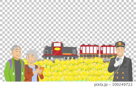 乘坐無軌電車穿過油菜花田的老年夫婦 100249722
