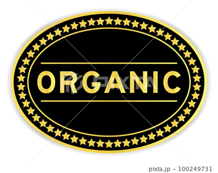 Black and gold color oval label sticker with word organic on white background 100249731