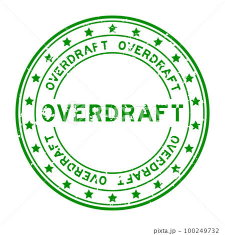 Grunge green overdraft word with star icon round rubber seal stamp on white background 100249732