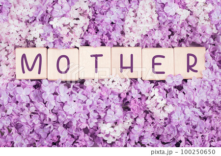 Mother text on tender monochrome lilac flowers close up background with selective focus, spring Mothers Day concept. Pink violet floral backdrop Mother text on tender monochrome lilac flowers close up background with selective focus, spring Mothers Day concept. Pink violet floral backdrop 100250650