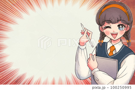 タブレットで勉強をする学生のイラスト・集中線アイキャッチ 100250995