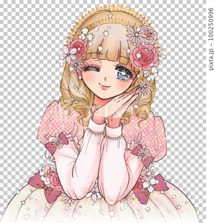 女孩卡通插圖，金色捲髮的公主穿著花裙子 100250996