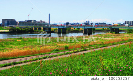荒川土手から見た鹿浜橋(東京都足立区)と荒川の風景 荒川土手から見た鹿浜橋(東京都足立区)と荒川の風景 100252257
