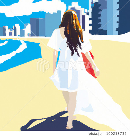 海辺で歩く白いワンピースの女性 Generative AIアート 100253735