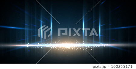 Luxury golden and light blue glowing lines with lighting effect sparkle on dark blue background. Template premium award design. 100255171