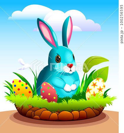 Rabbit with Easter eggs near his hole Rabbit with Easter eggs near his hole 100256595