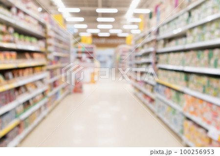 Abstract blur supermarket aisle with product on shelves defocused background Abstract blur supermarket aisle with product on shelves defocused background 100256953
