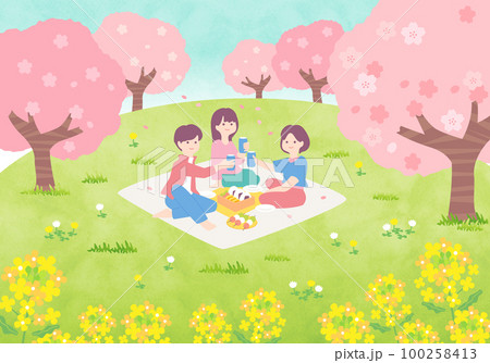 お花見を楽しむ人 桜と菜の花の風景 お花見を楽しむ人 桜と菜の花の風景 100258413