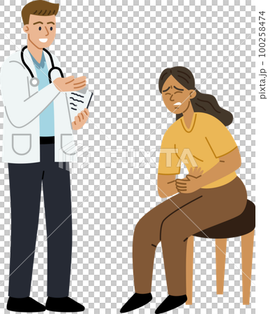 Male doctor diagnosing female patient having abdominal pain Male doctor diagnosing female patient having abdominal pain 100258474