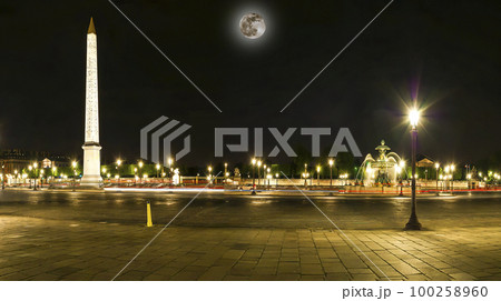 Place de la Concorde and  Obelisk of Luxor at Night (panorama), Paris, France (with the moon) 100258960