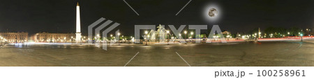 Place de la Concorde and  Obelisk of Luxor at Night (panorama), with the moon, Paris, France 100258961