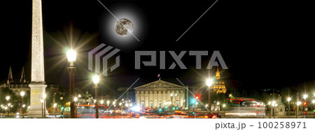 Place de la Concorde and  Obelisk of Luxor at Night (with the moon), Paris, France 100258971