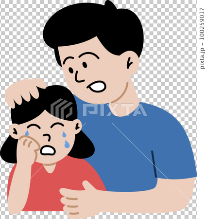 Father soothes crying daughter. Cute cartoon characters isolated on white background. Colorful vector illustration in flat style. Father soothes crying daughter. Cute cartoon characters isolated on white background. Colorful vector illustration in flat style. 100259017
