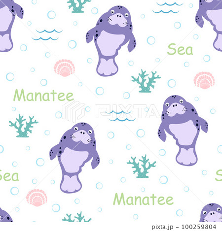 cartoon seamless pattern with manatee, vector illustration 100259804