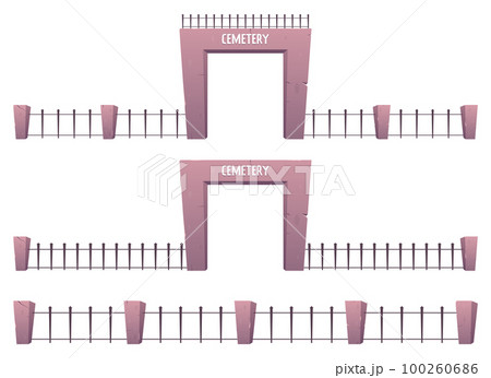 Cemetery fence and entrance to the cemetery in cartoon style. Vector illustration isolated on white 100260686