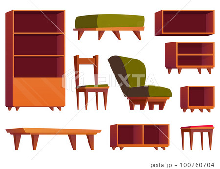Furniture items in cartoon style. Collection of wooden wardrobe, chair, table and armchair vector illustration isolated on white Furniture items in cartoon style. Collection of wooden wardrobe, chair, table and armchair vector illustration isolated on white 100260704