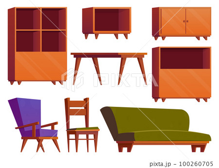 Furniture items in cartoon style. Collection of wooden wardrobe, chair, table and armchair vector illustration isolated on white Furniture items in cartoon style. Collection of wooden wardrobe, chair, table and armchair vector illustration isolated on white 100260705