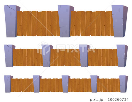 Cartoon fence made from wood and stones set. Vector illustration isolated on white 100260734