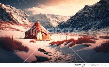 Red tent in the snow in winter in the mountains created with generative AI technology 100260800