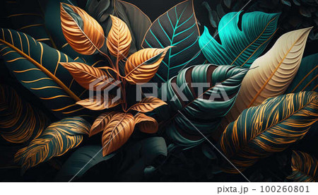 Background of colorful leaves of tropical palm trees and plants created with generative AI technology 100260801