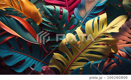 Background of colorful leaves of tropical palm trees and plants created with generative AI technology Background of colorful leaves of tropical palm trees and plants created with generative AI technology 100260806