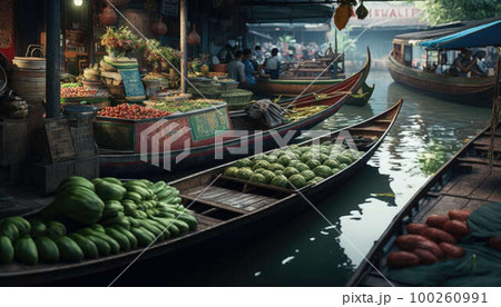 Floating market Bangkok Thailand created with generative AI technology Floating market Bangkok Thailand created with generative AI technology 100260991