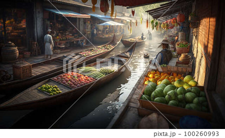 Floating market Bangkok Thailand created with generative AI technology Floating market Bangkok Thailand created with generative AI technology 100260993