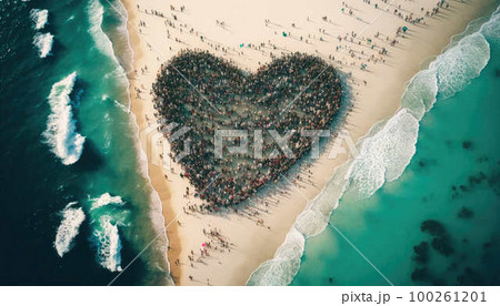 Huge crowd of people forming a heart on the beach created with generative AI technology Huge crowd of people forming a heart on the beach created with generative AI technology 100261201