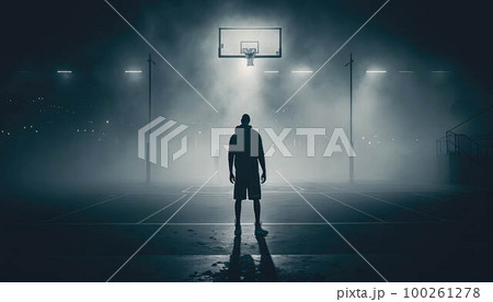 Basketball player looking at the basket at night created with generative AI technology Basketball player looking at the basket at night created with generative AI technology 100261278
