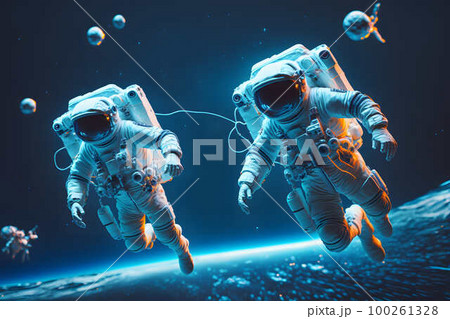Astronauts flying in space created with generative AI technology Astronauts flying in space created with generative AI technology 100261328