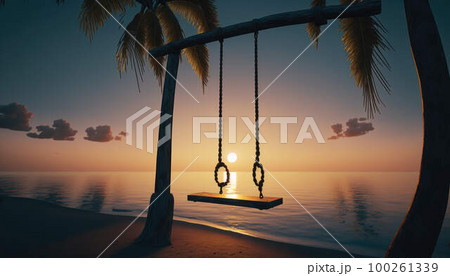 Swings on the palm tree against the sea created with generative AI technology 100261339