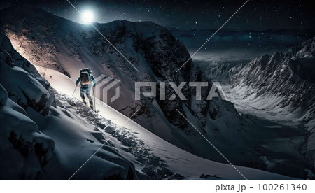 Climber climbs mountain at night created with generative AI technology 100261340