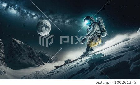 Extreme snowboarder rides off mountain at night created with generative AI technology 100261345