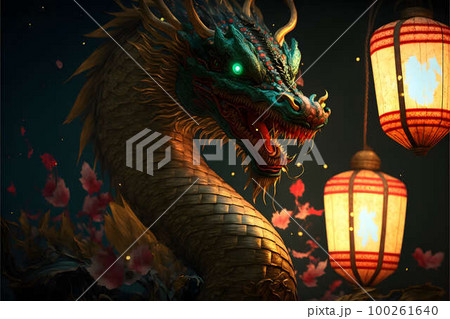 Chinese dragon on black background created with generative AI technology 100261640
