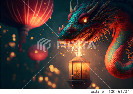Chinese new year. Dragon on a background of Chinese lanterns created with generative AI technology 100261784